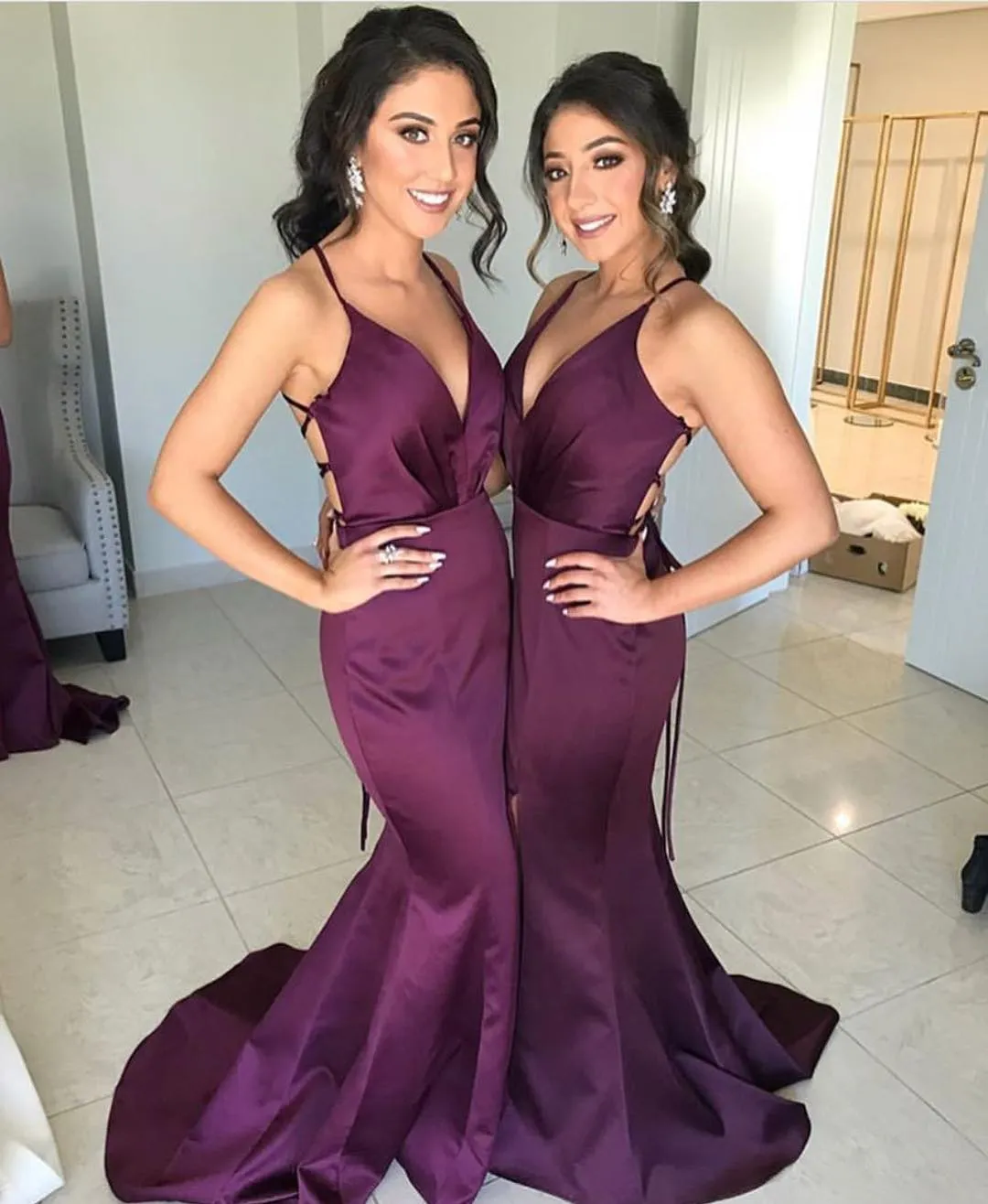 Roycebridal Cheap Purple Long Bridesmaid Dresses Mermaid Spaghetti Straps