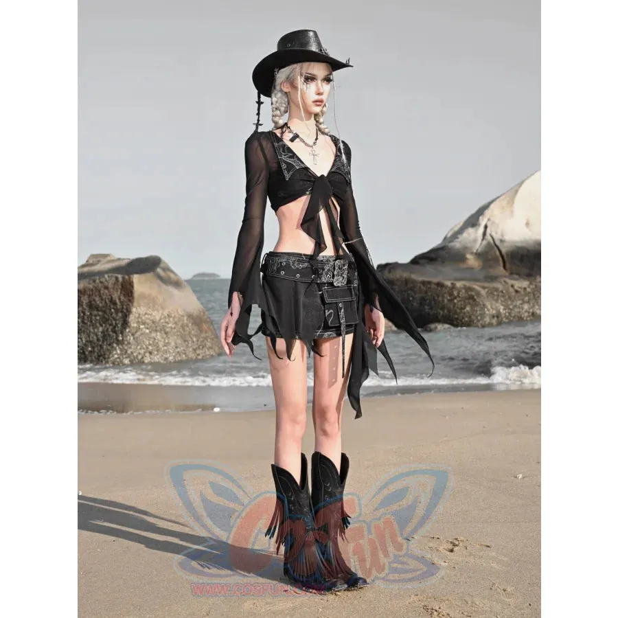 Short Millennial Hottie Stretch Denim Mesh Tie Cardigan Top