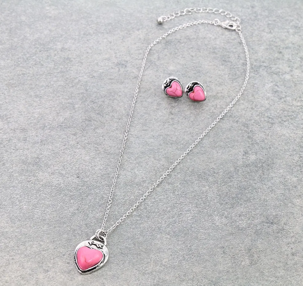 Silver Arrow Stone Heart Necklace & Earrings - Turquoise & Pink
