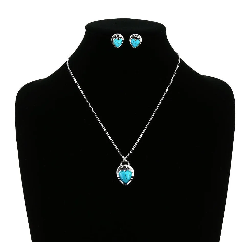 Silver Arrow Stone Heart Necklace & Earrings - Turquoise & Pink