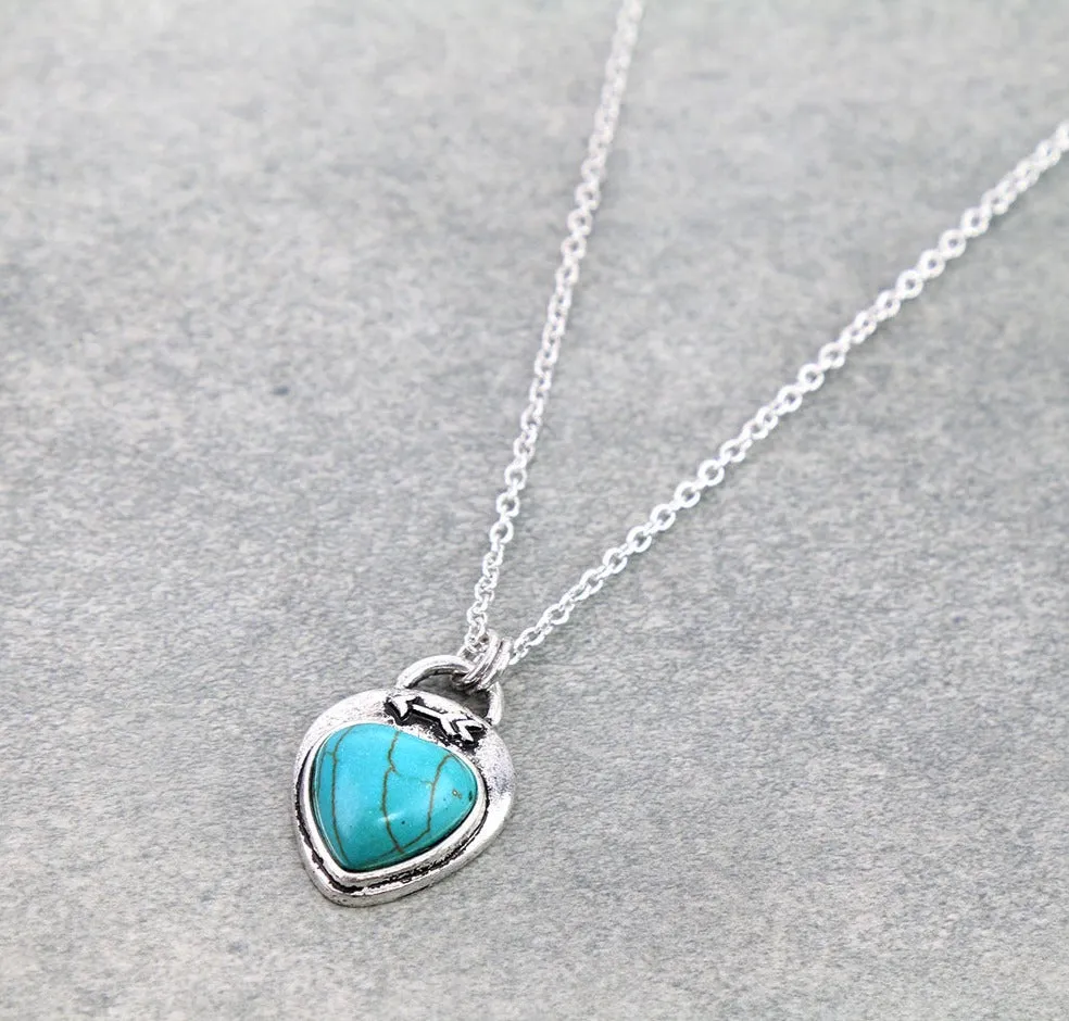 Silver Arrow Stone Heart Necklace & Earrings - Turquoise & Pink
