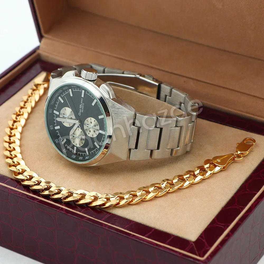 Silver PT Designer Bezel Metal Band Round Watch Diamond Cut Cuban Bracelet G89S