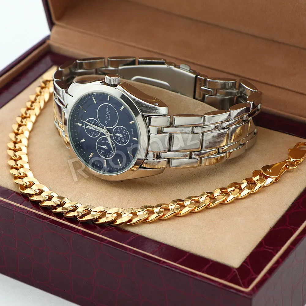 Silver PT Designer Bezel Metal Band Round Watch Diamond Cut Cuban Bracelet G93