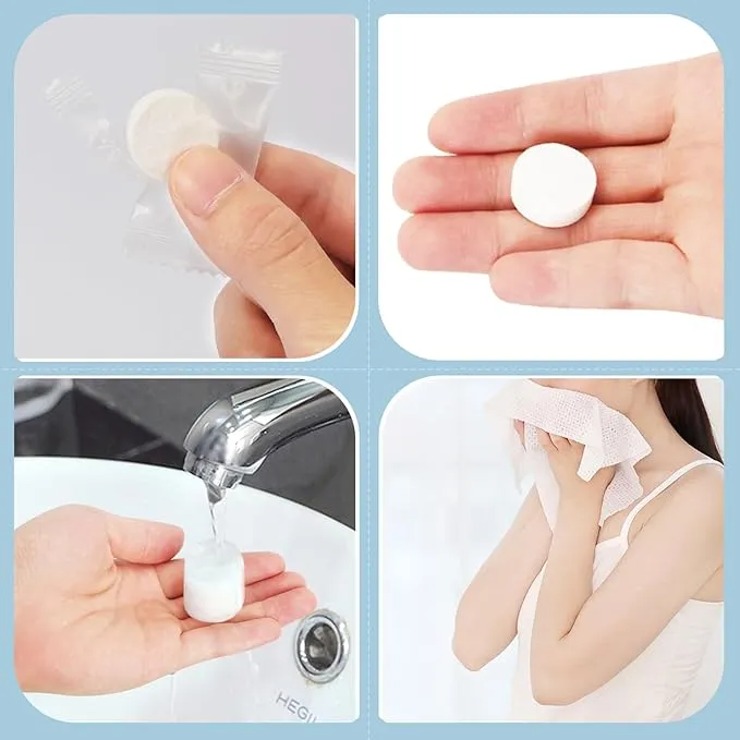 Simfree 100PCS Compressed Towel,Disposable Face Compressed Towel,Disposable Portable Face Towel Mini Tablets Cotton Coin Tissue for Travel,Camping,Hiking,Sports, Home Compressed Hand Wipes(Blue)