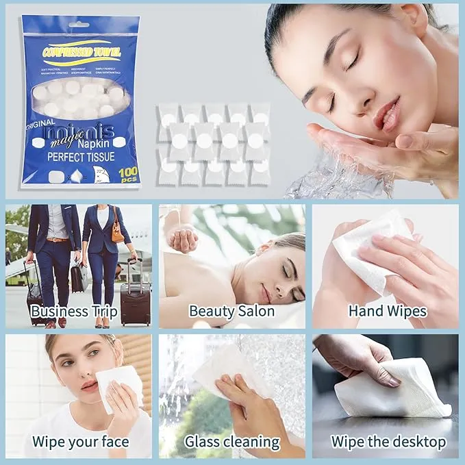 Simfree 100PCS Compressed Towel,Disposable Face Compressed Towel,Disposable Portable Face Towel Mini Tablets Cotton Coin Tissue for Travel,Camping,Hiking,Sports, Home Compressed Hand Wipes(Blue)