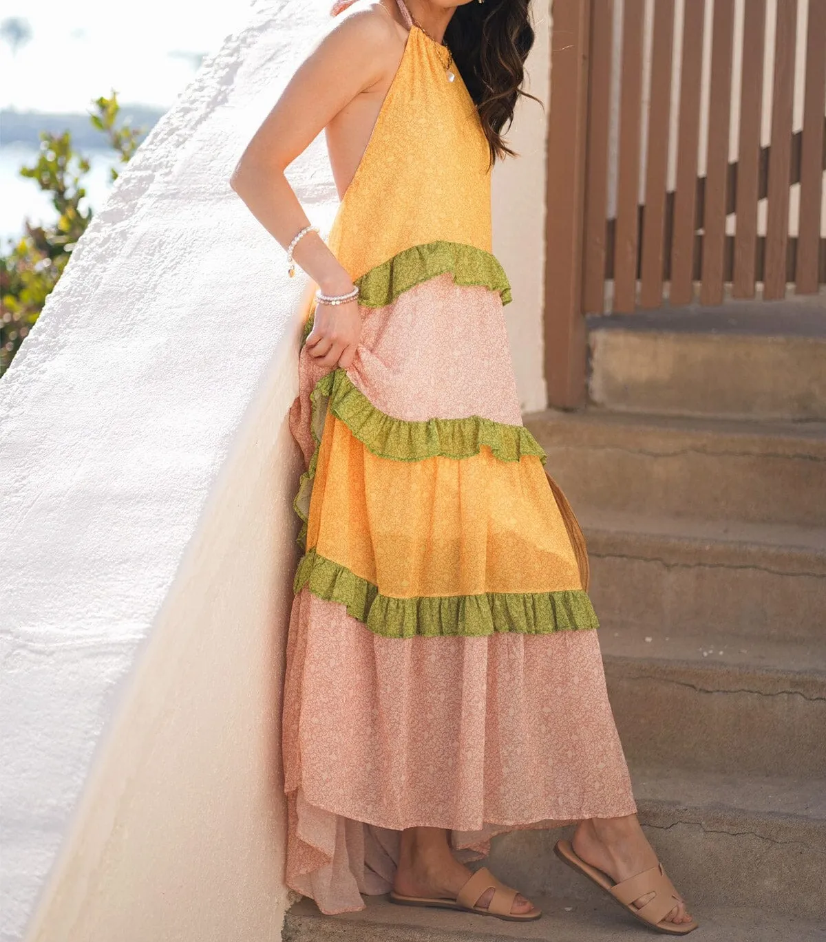 SLEEVELESS HALTER NECK TIERED COLORBLOCK MAXI DRESS