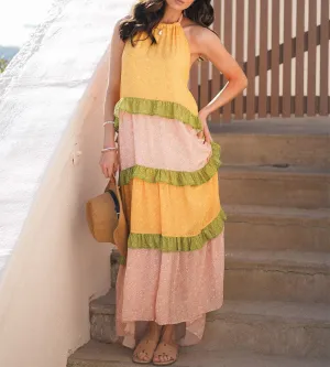 SLEEVELESS HALTER NECK TIERED COLORBLOCK MAXI DRESS
