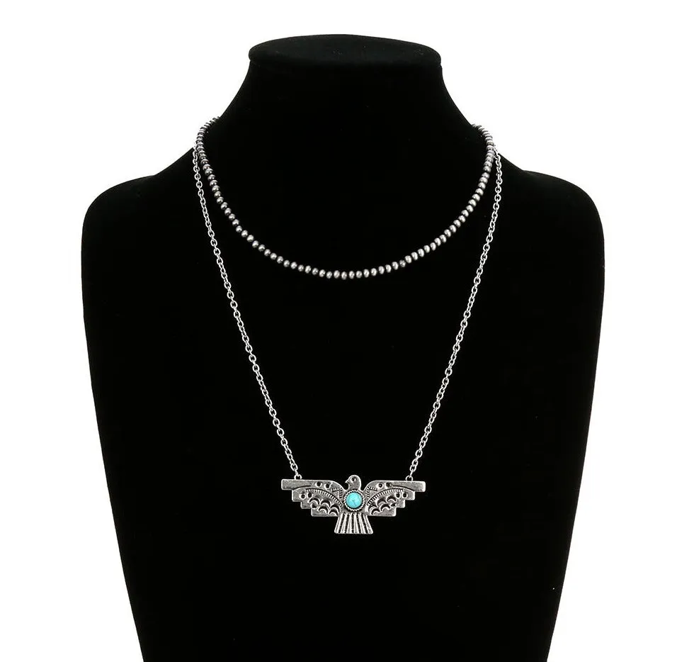 Soaring Double Layered Silver & Navajo Thunderbird Necklace - Turquoise
