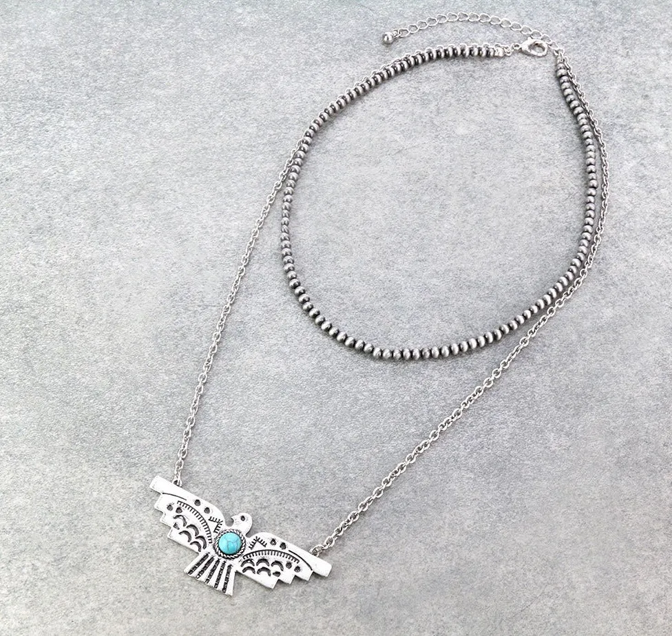 Soaring Double Layered Silver & Navajo Thunderbird Necklace - Turquoise