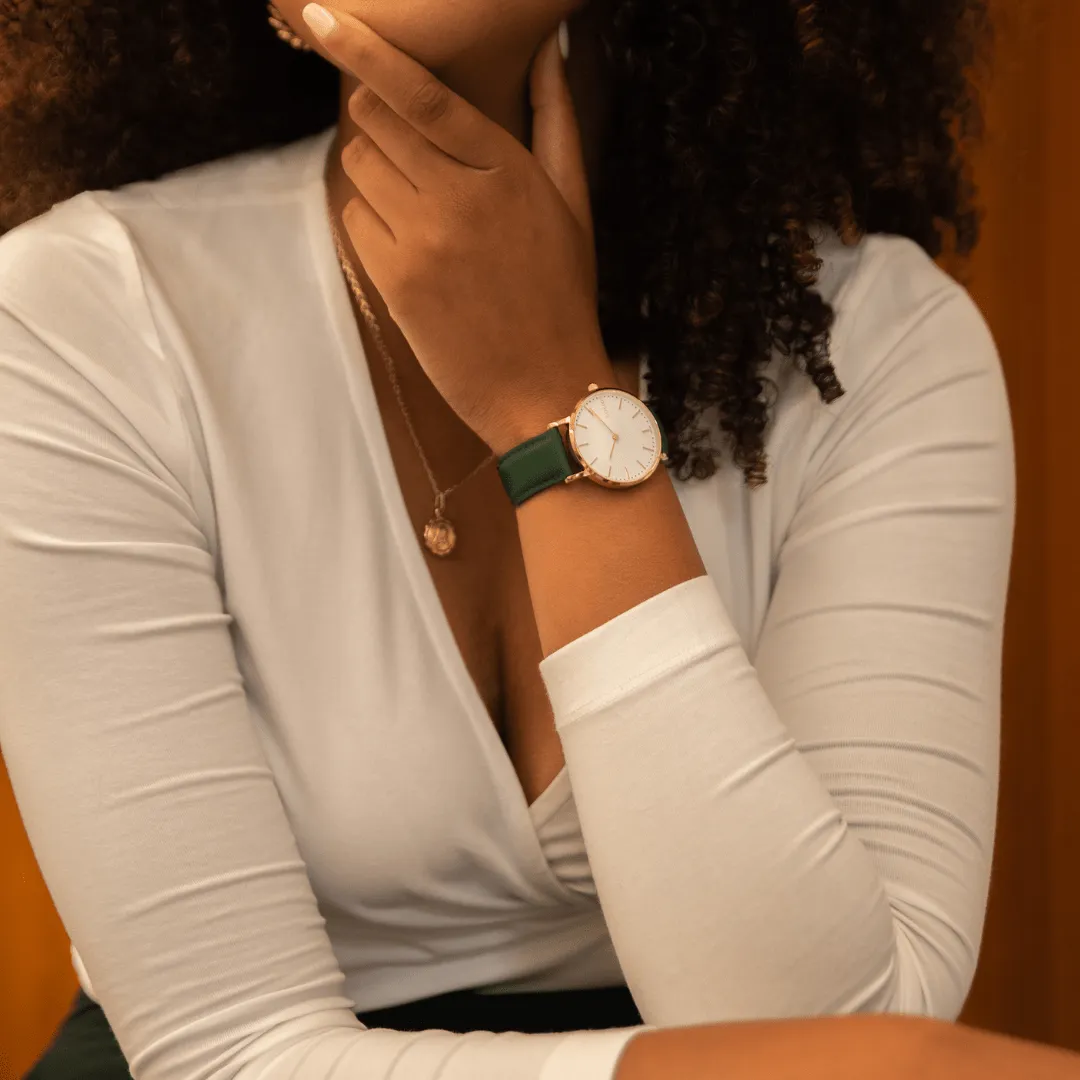 Solar Watch with White & Rose Gold Dial  | Cream Vegan Leather Strap