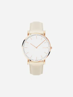 Solar Watch with White & Rose Gold Dial  | Cream Vegan Leather Strap