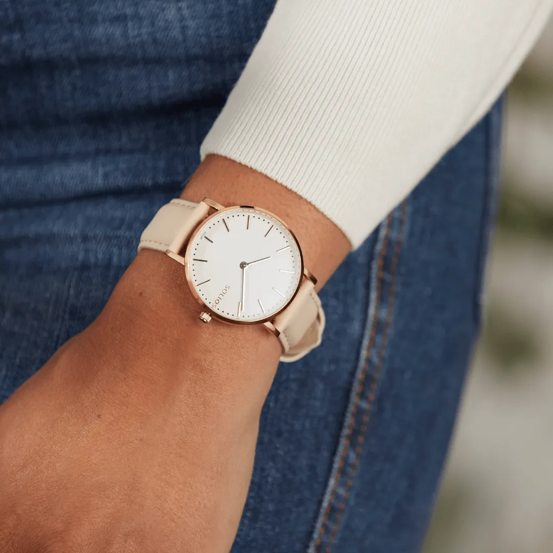 Solar Watch with White & Rose Gold Dial  | Cream Vegan Leather Strap
