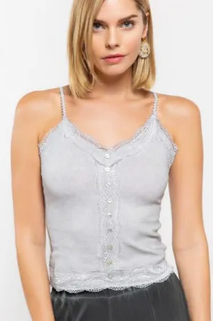 Spaghetti Strap Ribbed Knit Tank Top - Mystic Grey -