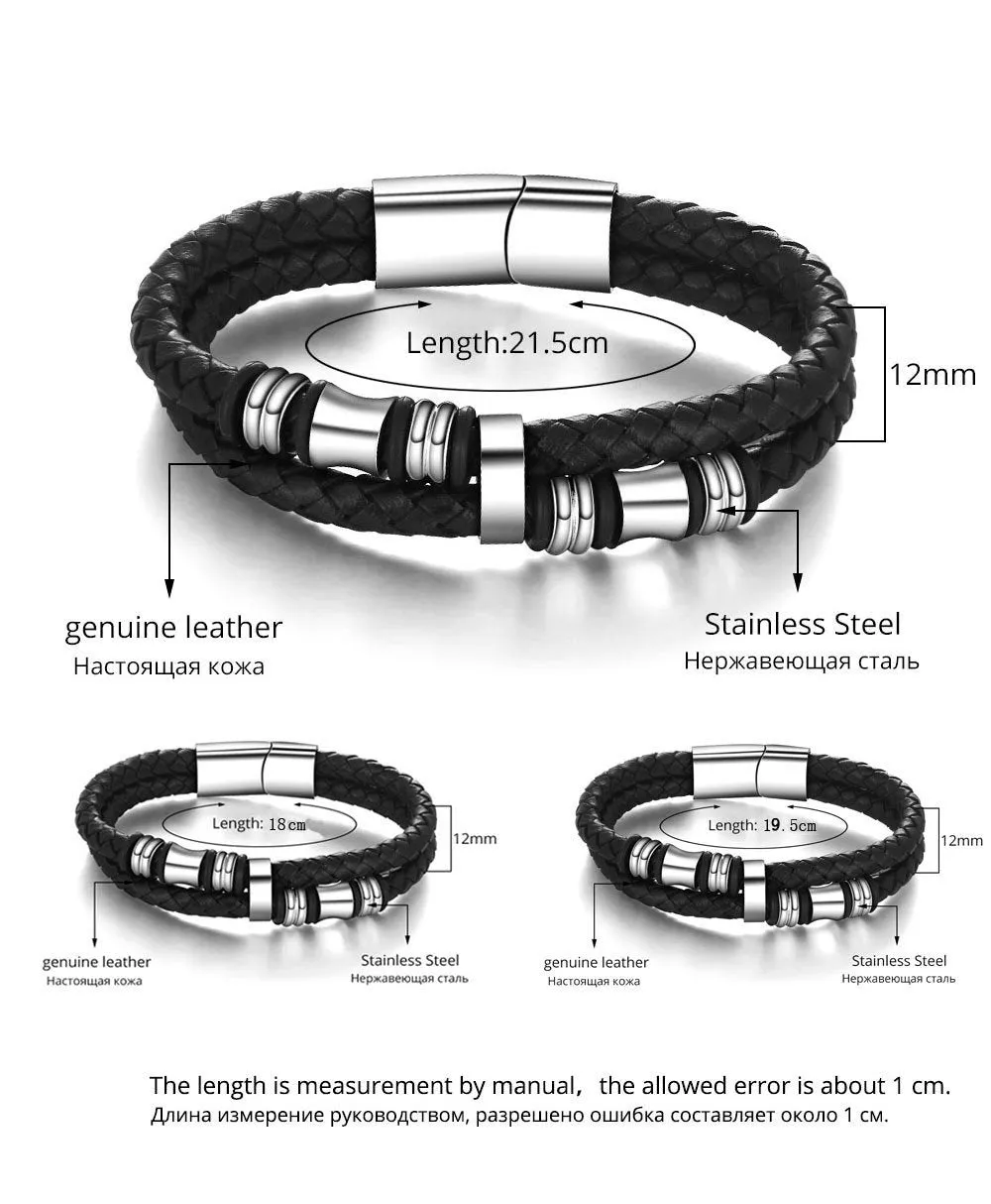 Stainless Steel Bracelet Men Black Leather Bracelets & Bangle Man Jewelry Accessories Bracelet Gifts for Men