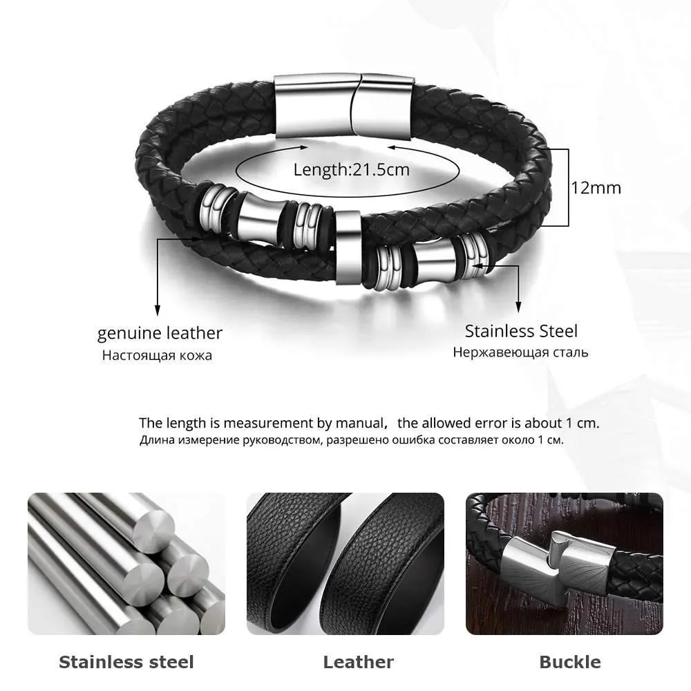 Stainless Steel Bracelet Men Black Leather Bracelets & Bangle Man Jewelry Accessories Bracelet Gifts for Men