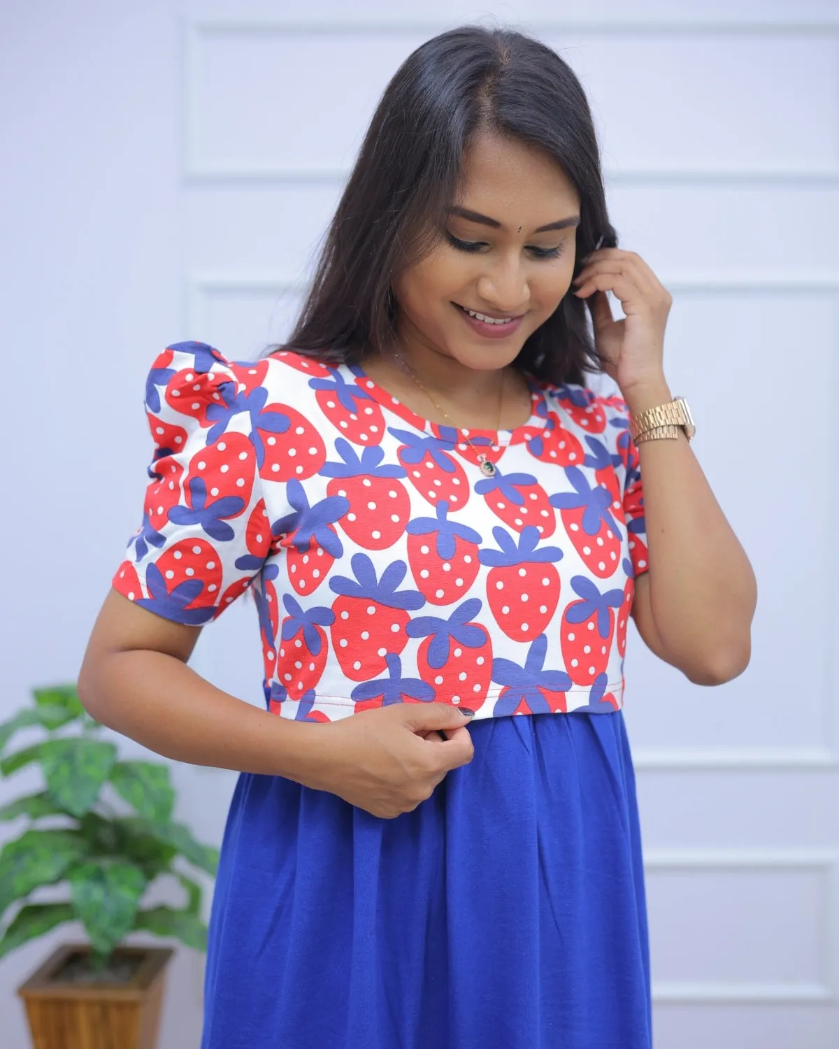 Starwberry | Zipless Maternity Dress - Puff Sleeves | Full Length Maxi