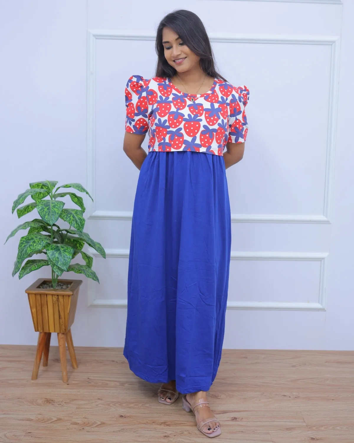 Starwberry | Zipless Maternity Dress - Puff Sleeves | Full Length Maxi