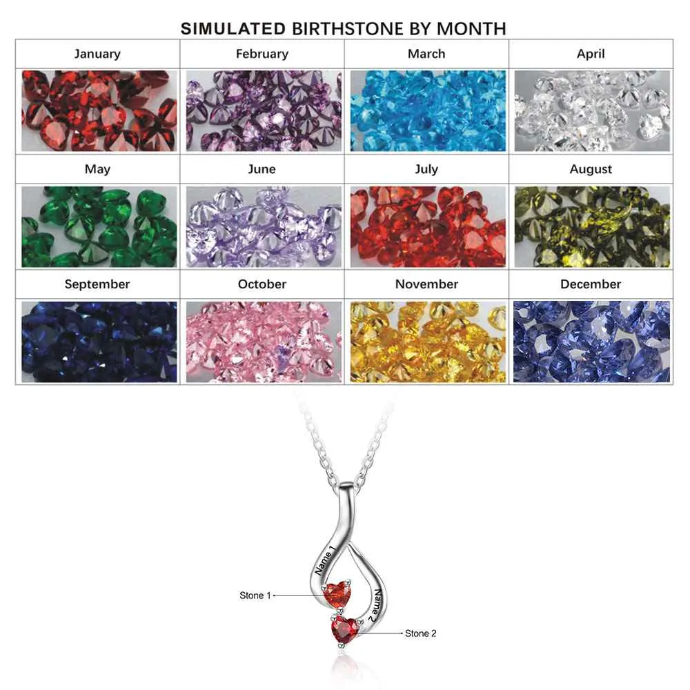 Sterling Silver 2 Birthstone Necklace Pendants Mom Girlfriend Birthday Christmas Gift