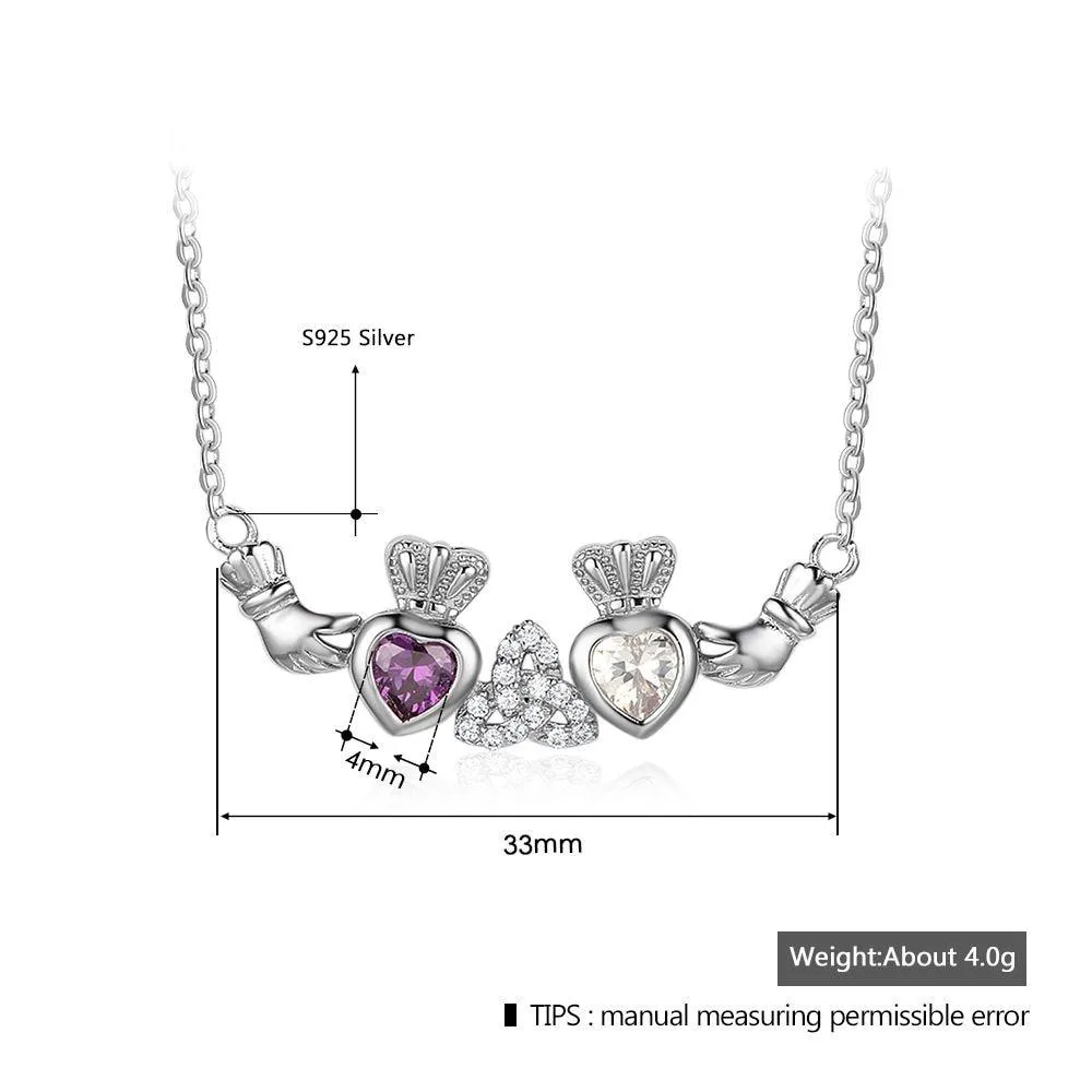 Sterling Silver Claddagh Necklace&Pendants 2 Heart Crown Customized Stones Necklace Irish Friendship Gift