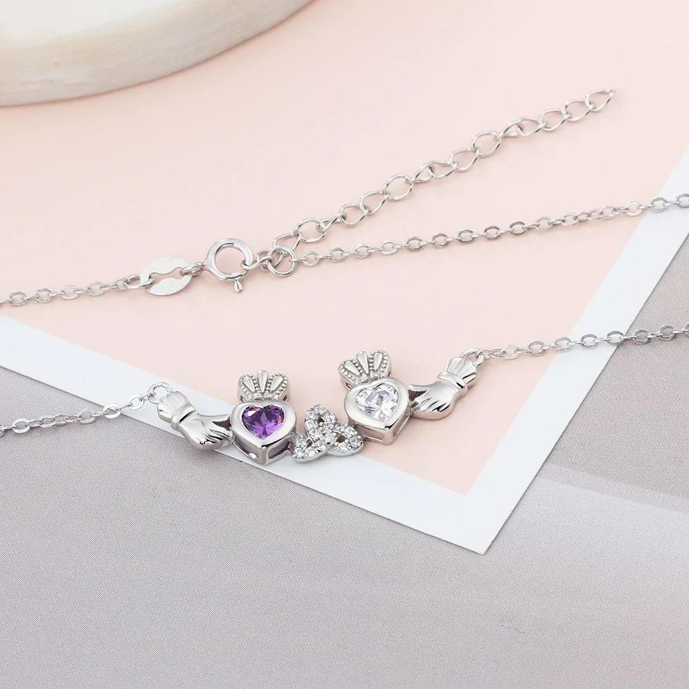Sterling Silver Claddagh Necklace&Pendants 2 Heart Crown Customized Stones Necklace Irish Friendship Gift