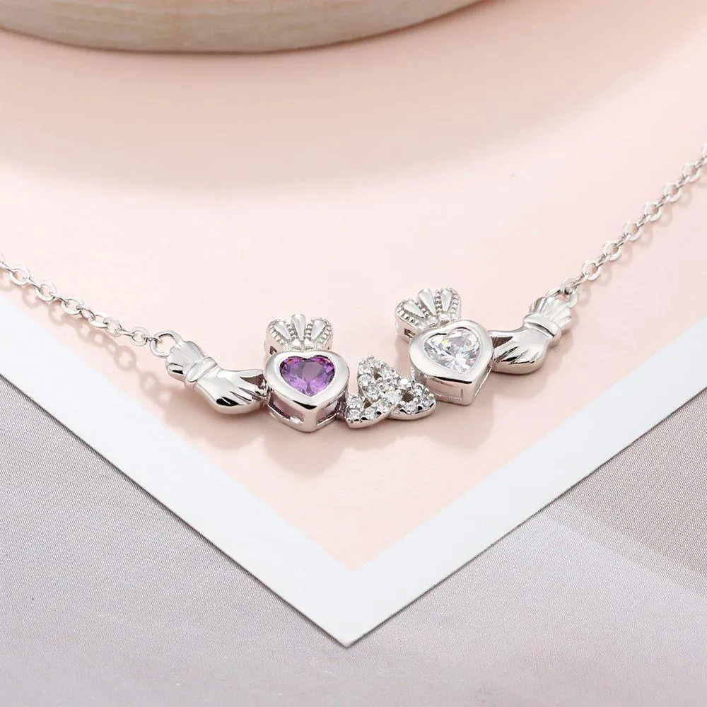 Sterling Silver Claddagh Necklace&Pendants 2 Heart Crown Customized Stones Necklace Irish Friendship Gift