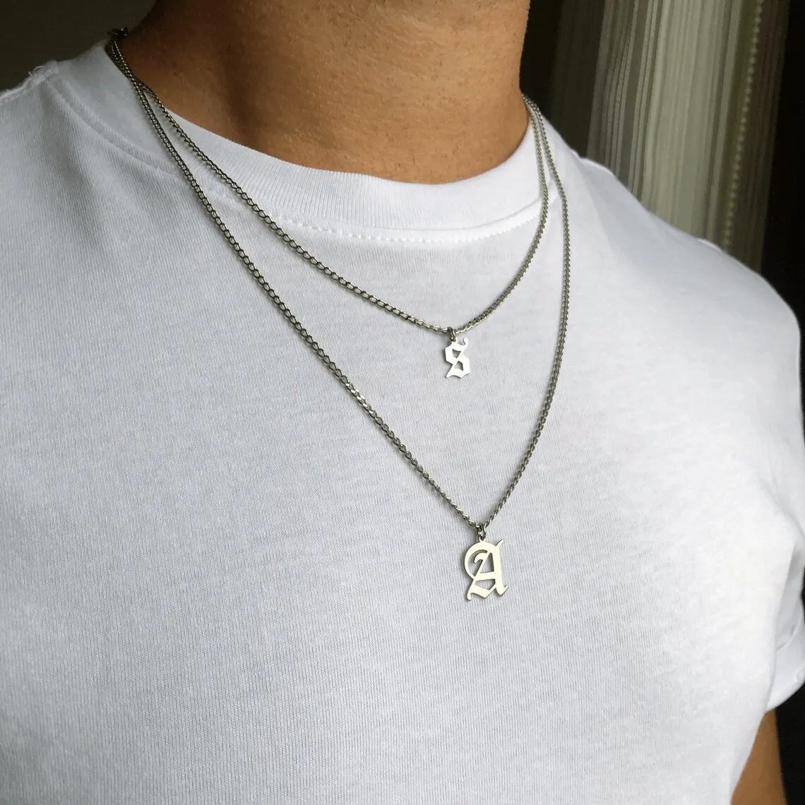 Sterling Silver Men's Necklace Curb Chain & Custom Letter Pendant