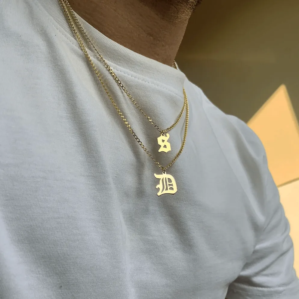 Sterling Silver Men's Necklace Curb Chain & Custom Letter Pendant