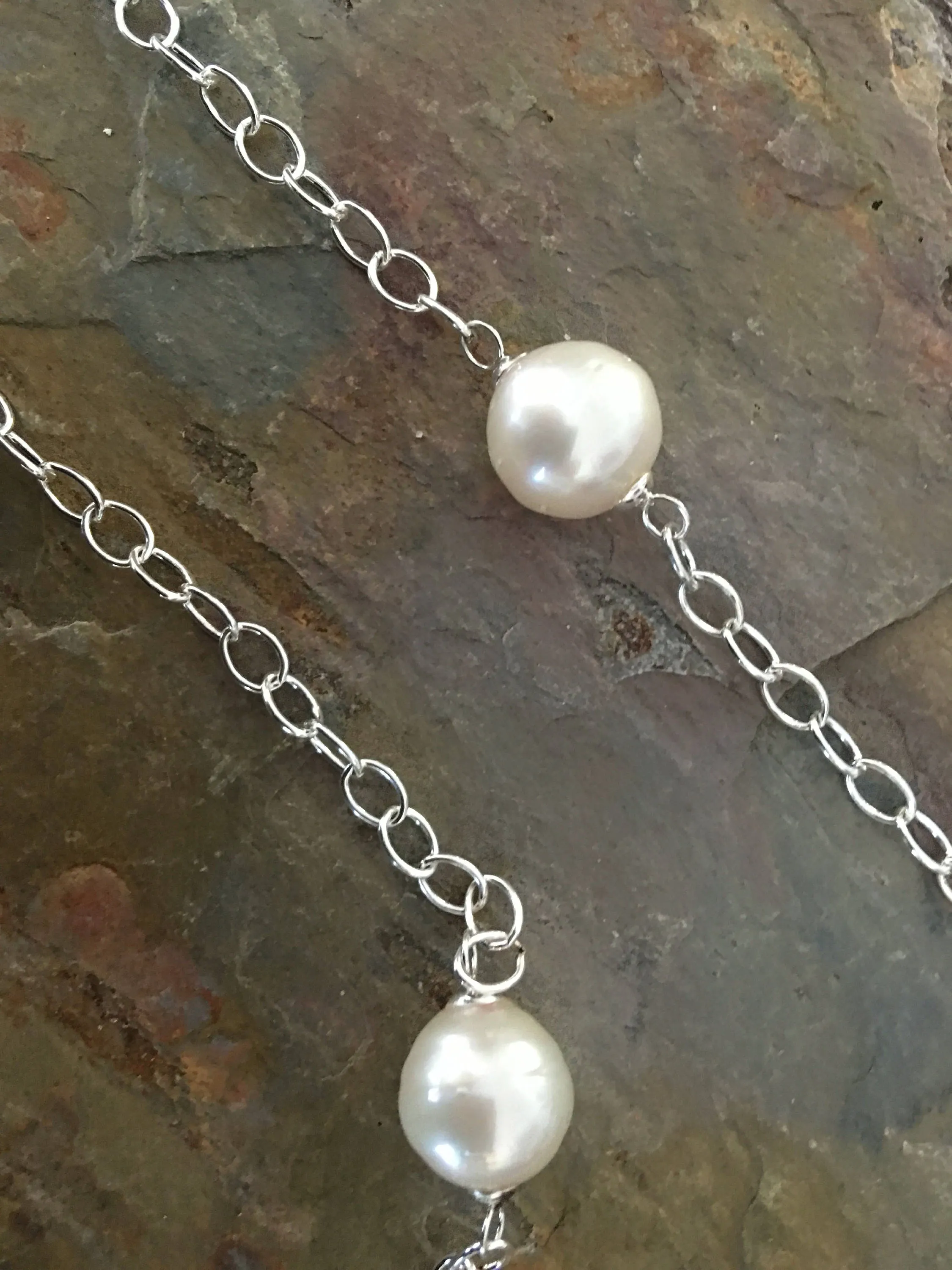 Sterling Silver Paspaley South Sea Pearls Station Chain Necklace 37"
