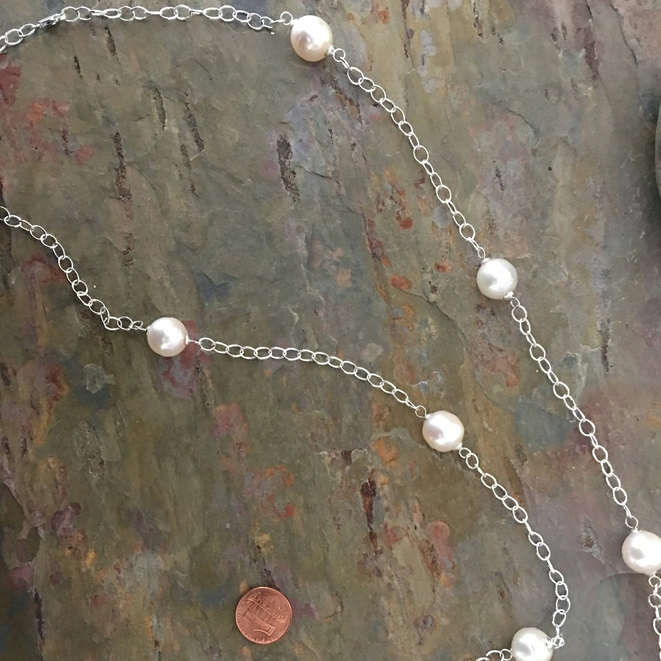 Sterling Silver Paspaley South Sea Pearls Station Chain Necklace 37"