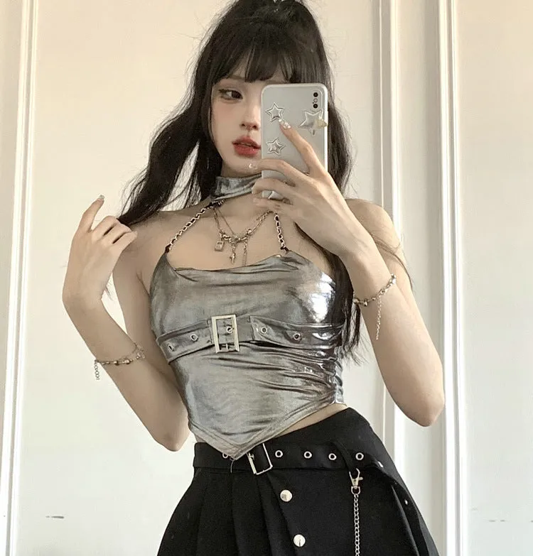 Summer Silver Strap Belt Top