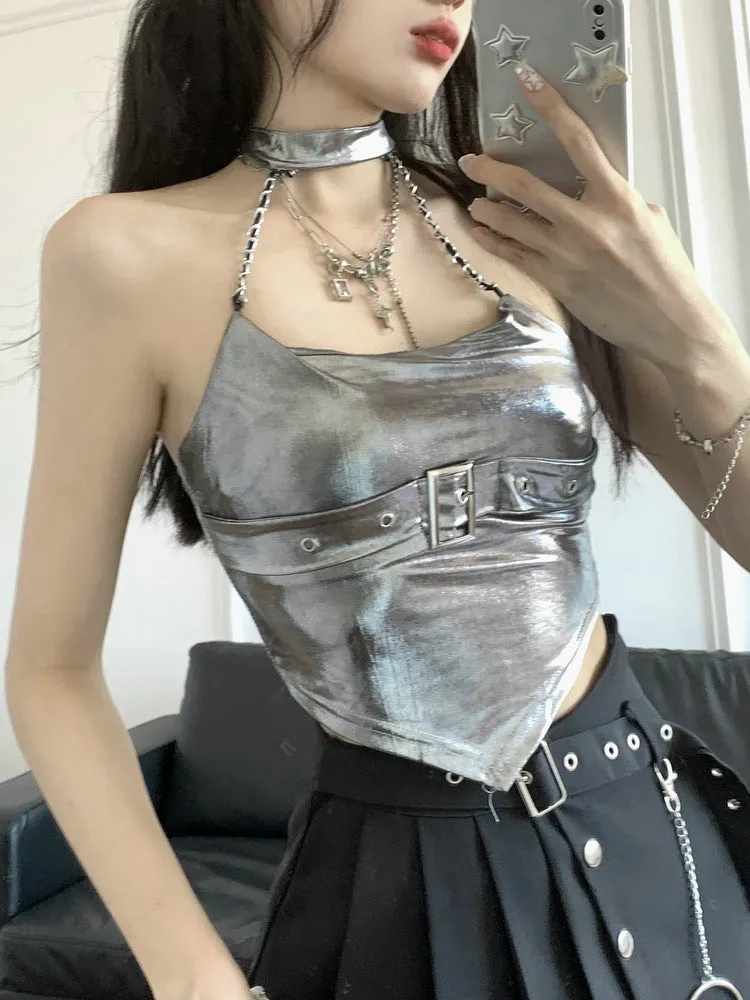 Summer Silver Strap Belt Top