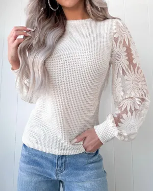 Sunflower Sleeve Waffle Knit Top - Beige