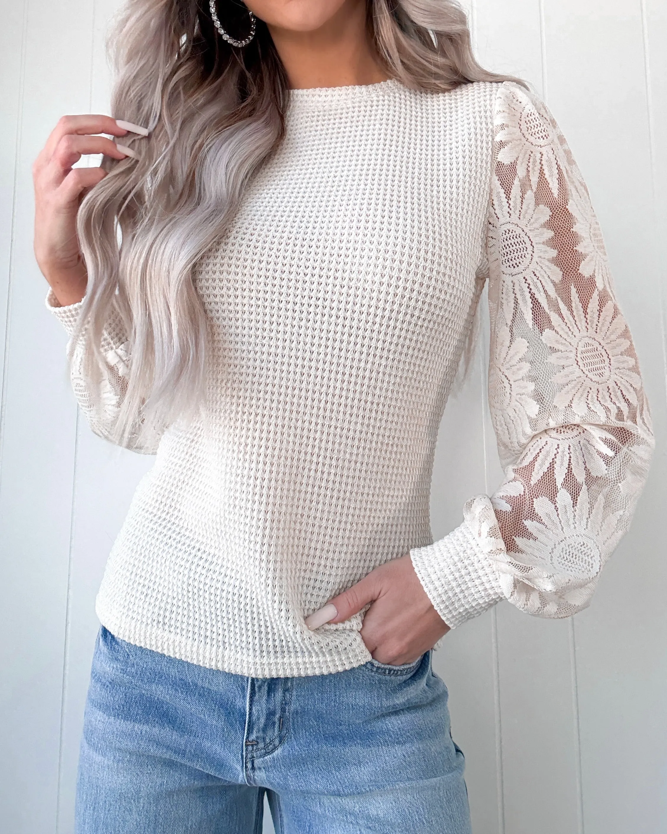 Sunflower Sleeve Waffle Knit Top - Beige
