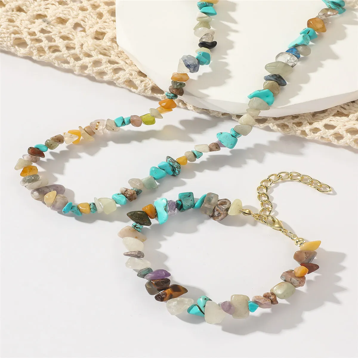 Teal Resin & 18K Gold-Plated Irregular Stone Bracelet Necklace Set