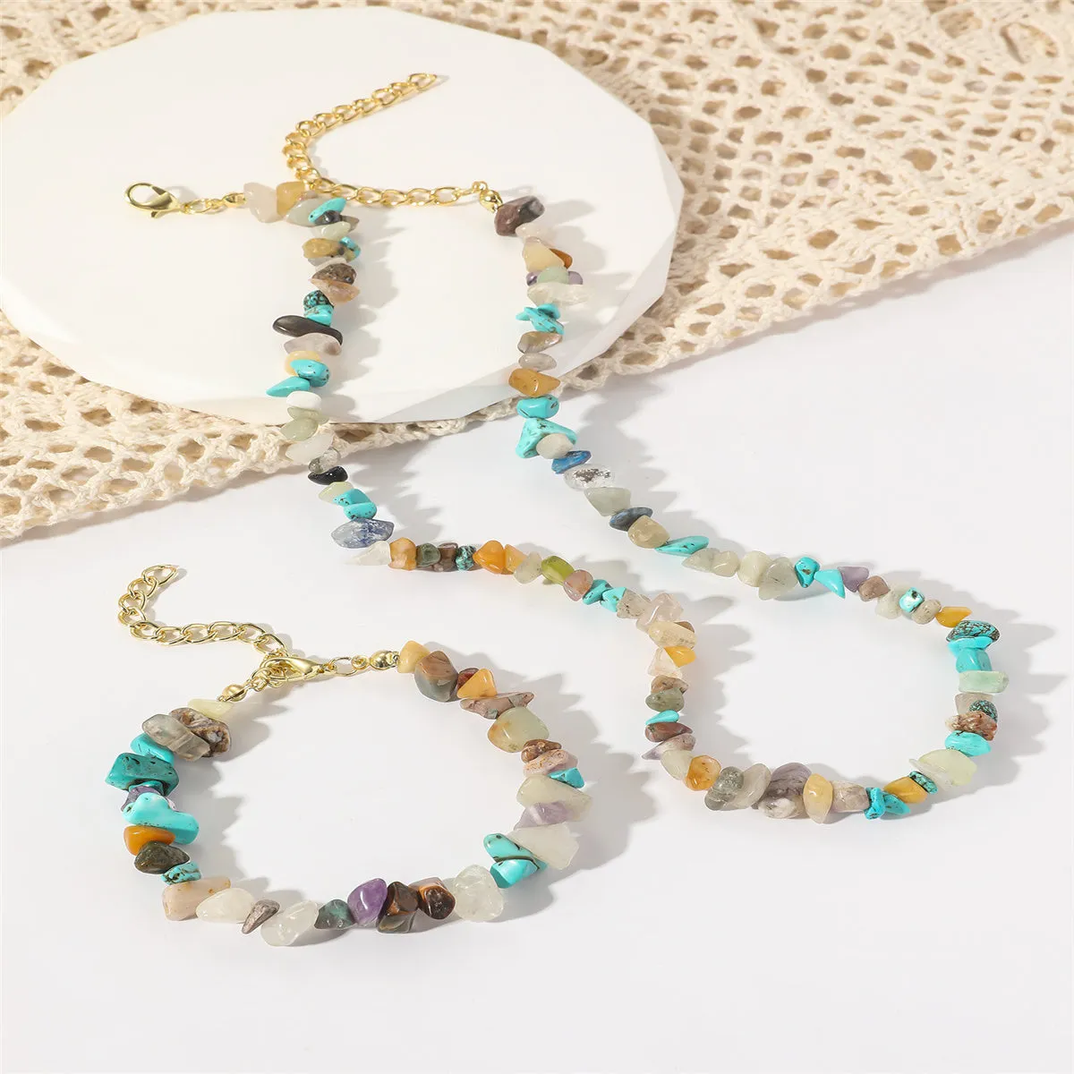 Teal Resin & 18K Gold-Plated Irregular Stone Bracelet Necklace Set