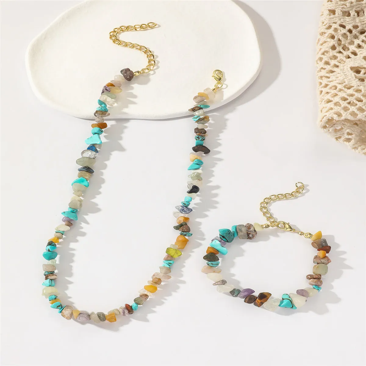 Teal Resin & 18K Gold-Plated Irregular Stone Bracelet Necklace Set