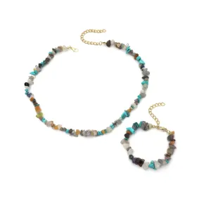 Teal Resin & 18K Gold-Plated Irregular Stone Bracelet Necklace Set
