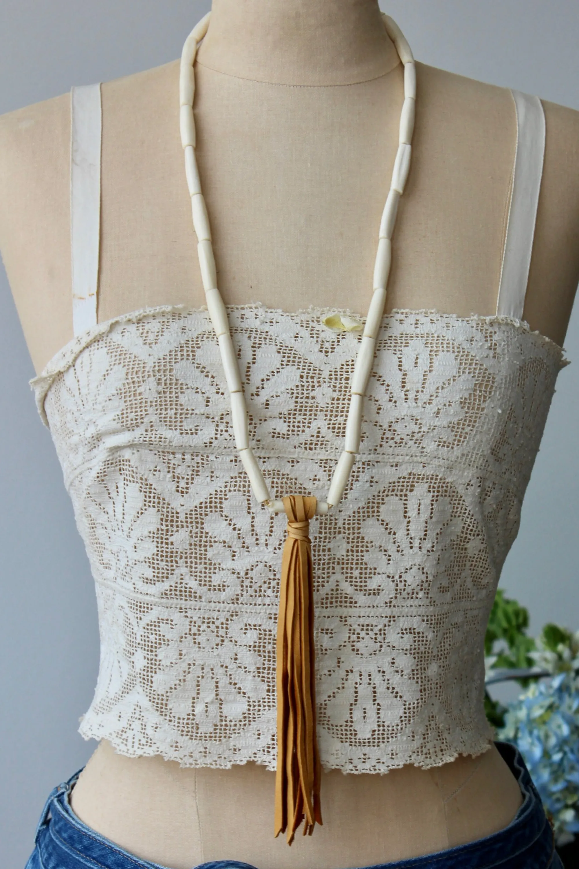 The Highlands Foundry Natural Trade bead   Deerskin Fringe Necklace THF95