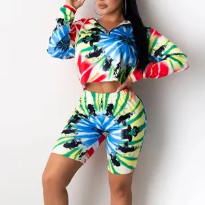Tie Dye Print Hoodie Crop Top & Shorts Set