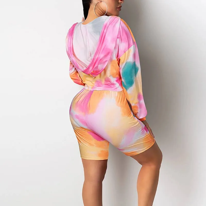 Tie Dye Print Hoodie Crop Top & Shorts Set