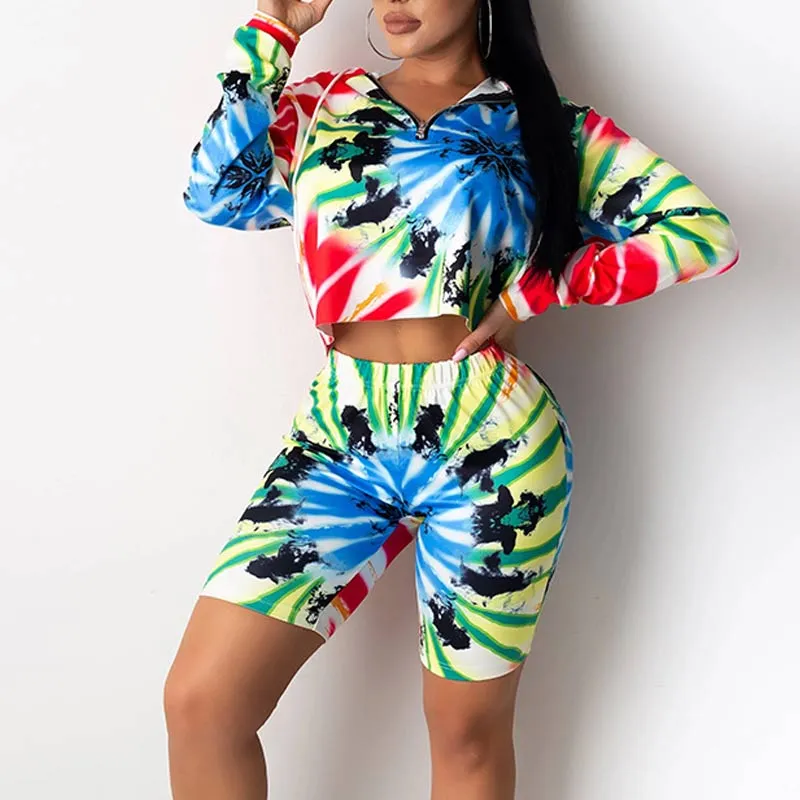 Tie Dye Print Hoodie Crop Top & Shorts Set