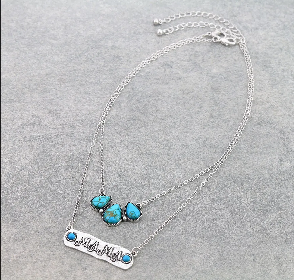 Two Layered Stone & MAMA Bar Necklace - Turquoise