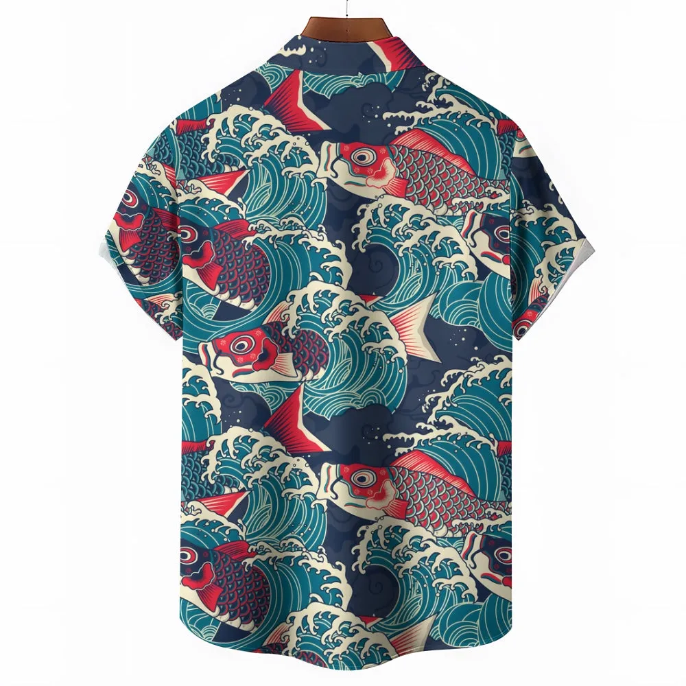 Ukiyo-E Art Style Koi Print Casual Short Sleeve Shirt 2403000584