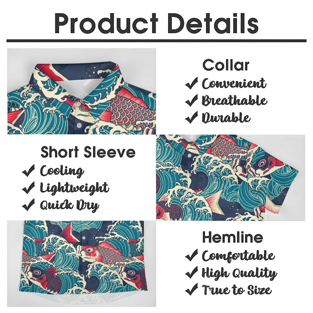 Ukiyo-E Art Style Koi Print Casual Short Sleeve Shirt 2403000584