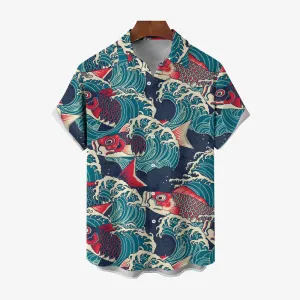Ukiyo-E Art Style Koi Print Casual Short Sleeve Shirt 2403000584