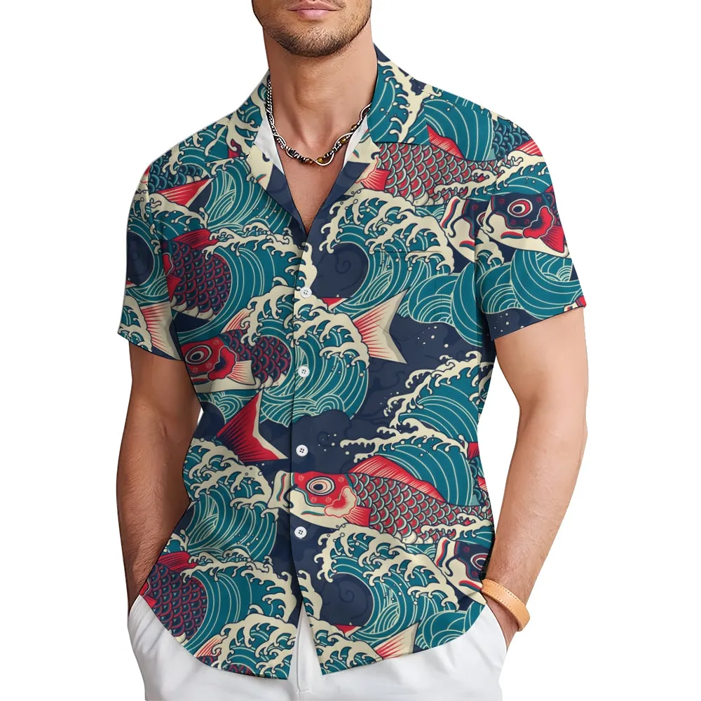 Ukiyo-E Art Style Koi Print Casual Short Sleeve Shirt 2403000584