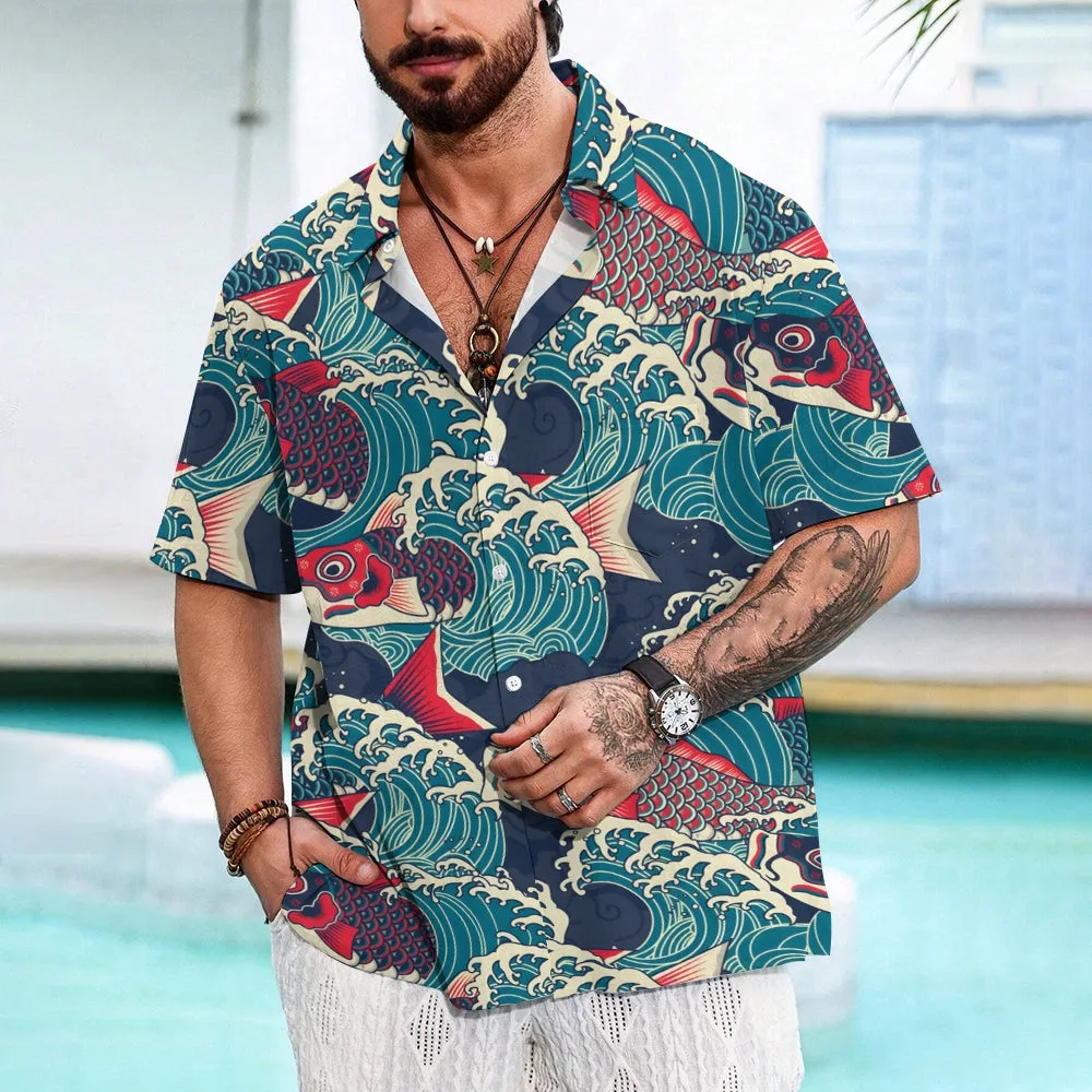 Ukiyo-E Art Style Koi Print Casual Short Sleeve Shirt 2403000584