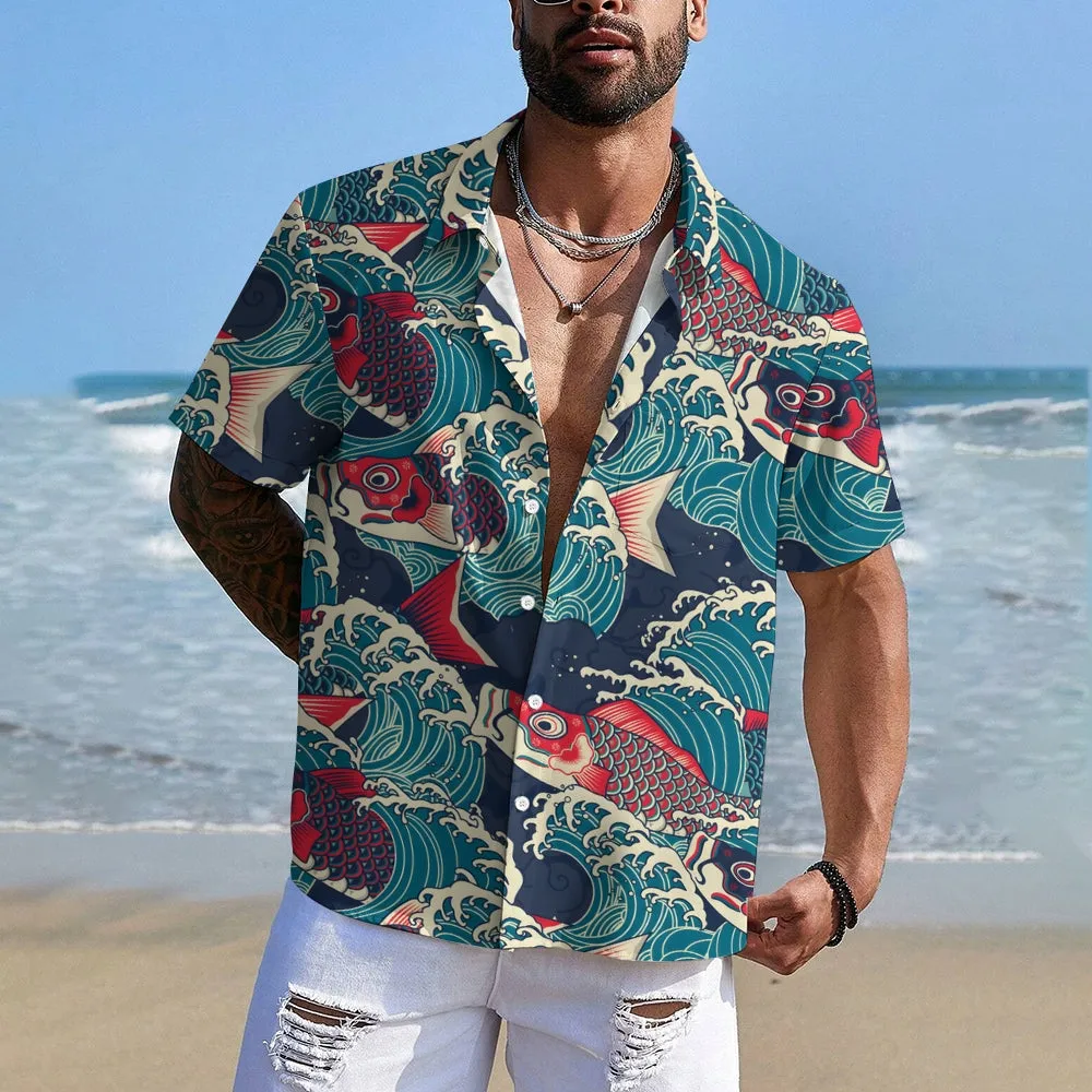 Ukiyo-E Art Style Koi Print Casual Short Sleeve Shirt 2403000584
