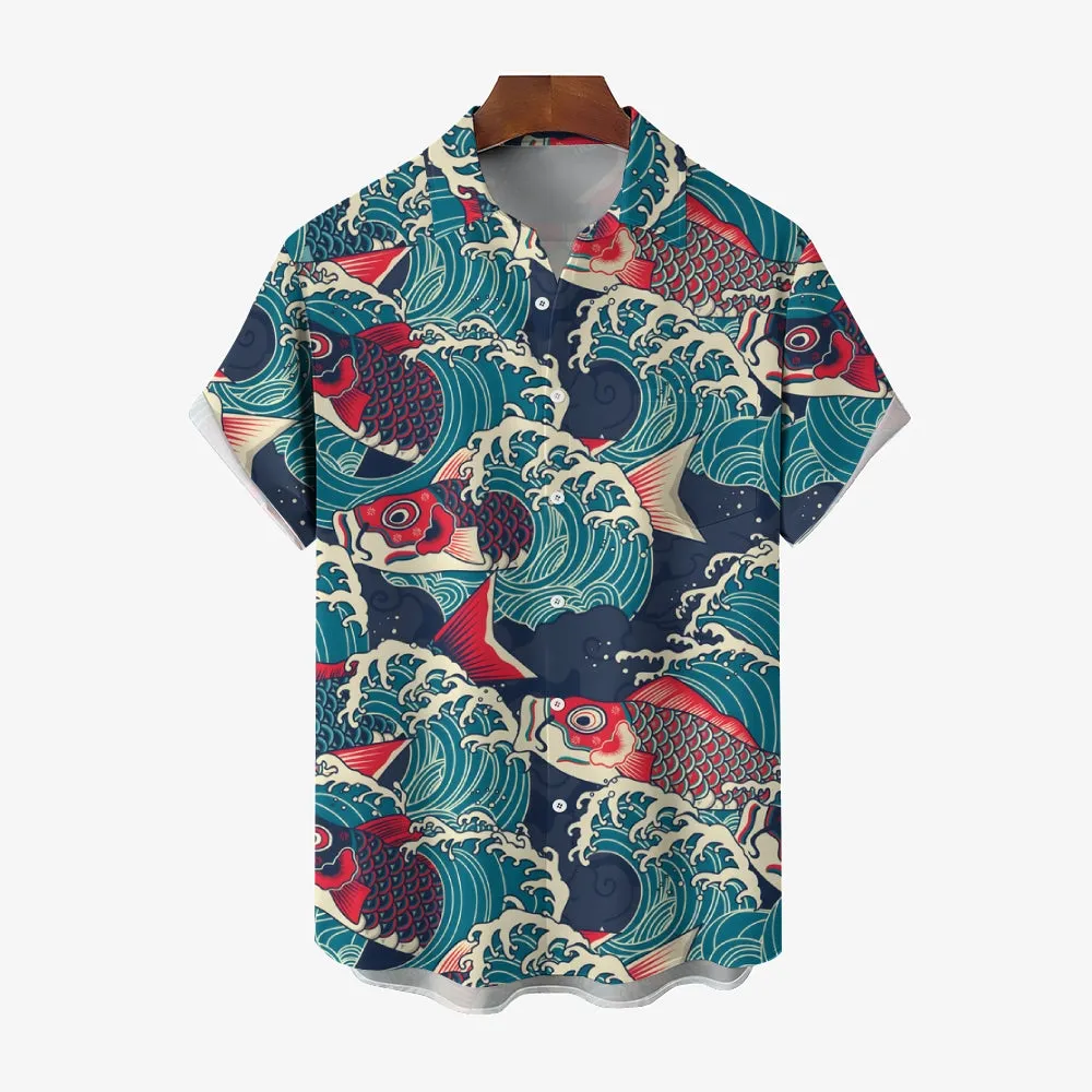 Ukiyo-E Art Style Koi Print Casual Short Sleeve Shirt 2403000584