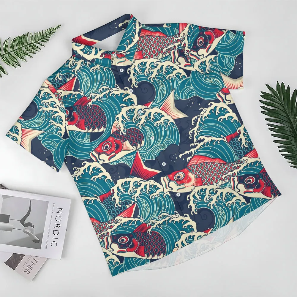 Ukiyo-E Art Style Koi Print Casual Short Sleeve Shirt 2403000584